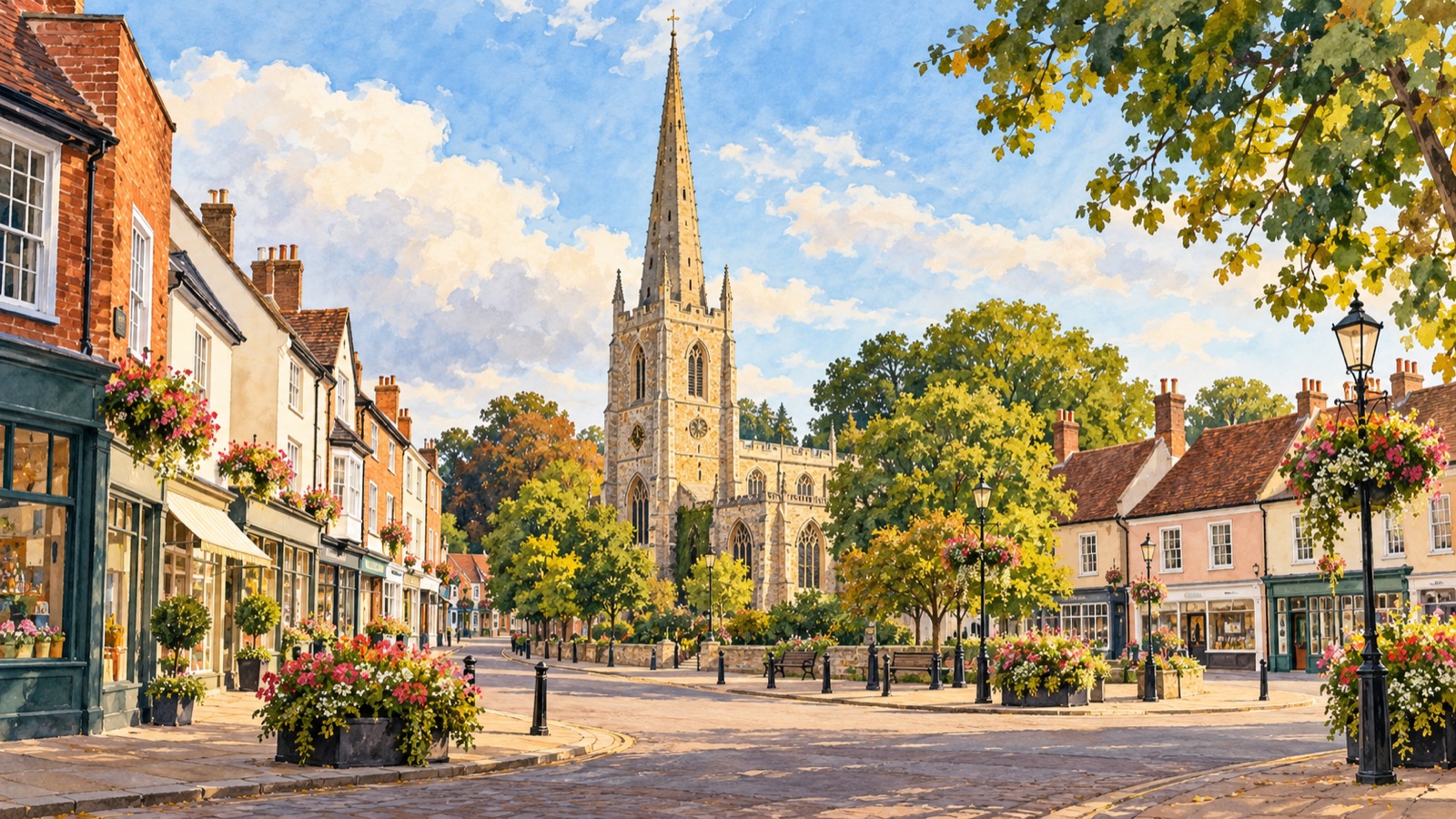 Artist's impression of Stowmarket town centre and the spire of St Peter and St Mary
